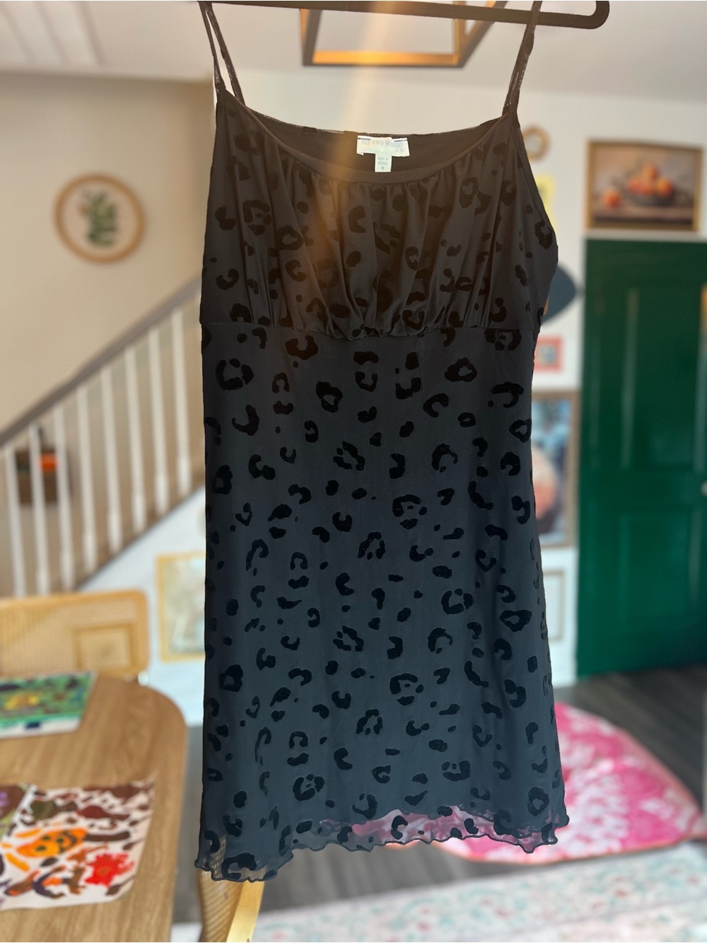 See You Monday Black Leopard-Print Slip Dress with Spaghetti Straps